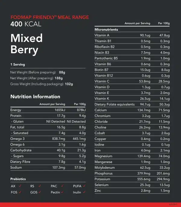 FODMAP Plant-Based Mixed Berry nutrition info